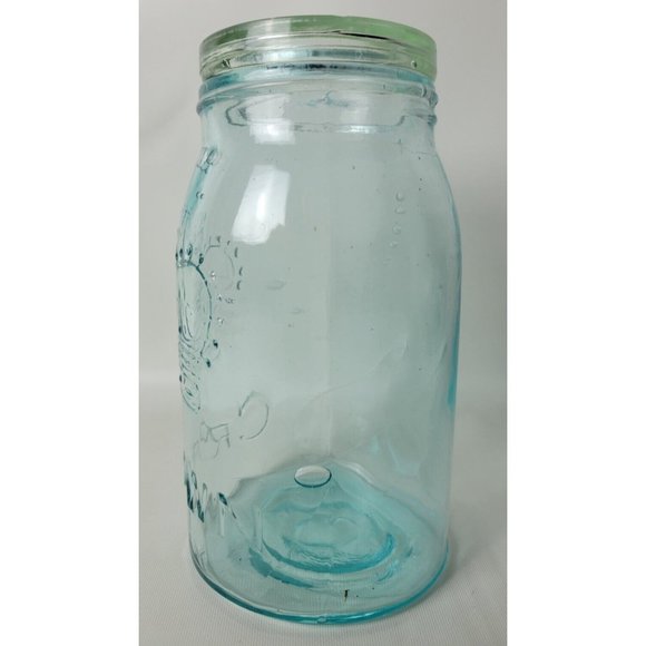 Vintage Crown Blue Glass Quart Canning Jar w. Glass Lid Bubbles D3 - Picture 4 of 11